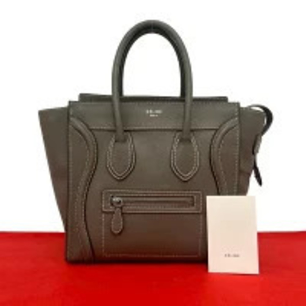 Celine Luggage Shopper Drummed Calf Leather Handbag Tote Bag Greige Gray